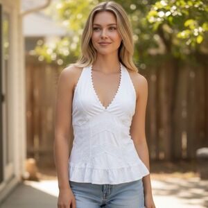 Blanco White Cotton Smocked Halter Top Lace Crochet Trim Peplum Size L